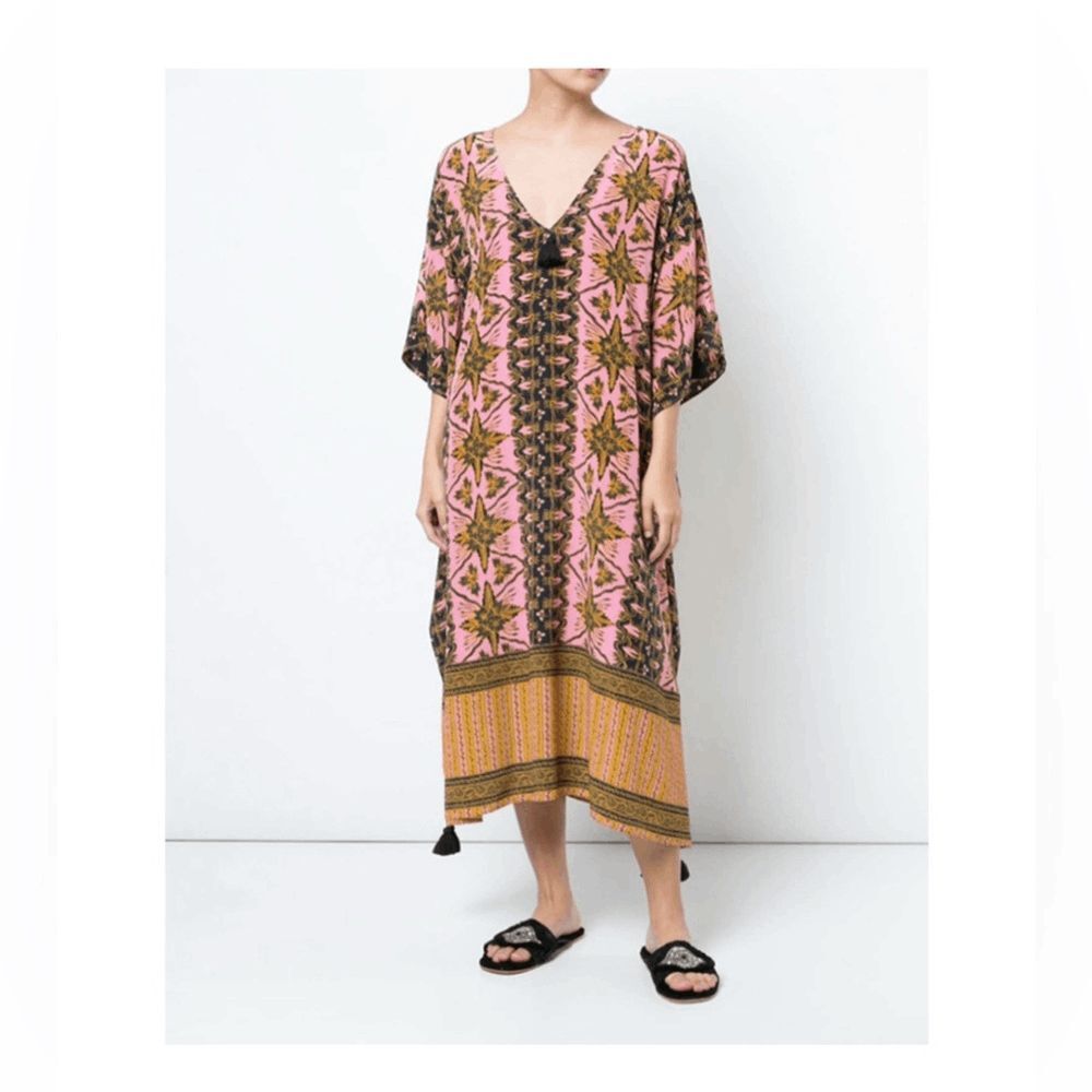 Figue Pink Silk Eliza V-Neck Gypsy Batik Kaftan Midi Dress Women's Size M/L